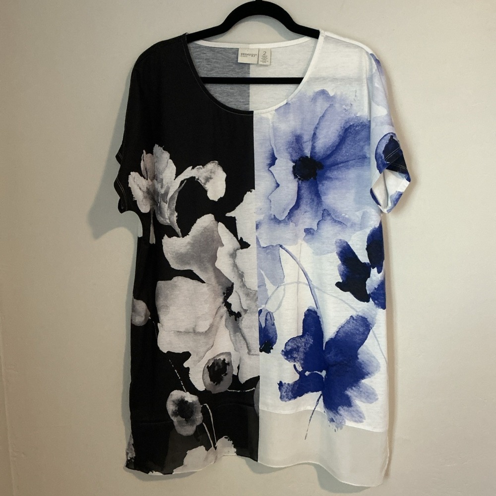 Chicos Zenergy Tunic Top Cap Sleeve Sheer Border Floral Round Neck Stretch Sz 2